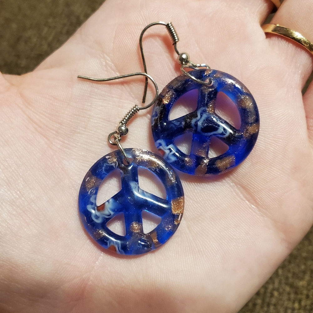 Peace-sign Blue Floral Earrings